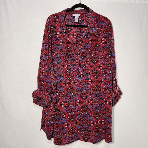 Catherines Tops - CATHERINES Preppy Multicolor Floral Roll Tab Shirt Tunic Top Size 4X New No Tag!